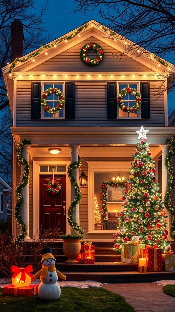 A two-story house decorated for Christmas with lights, wreaths, and a festive front yard.